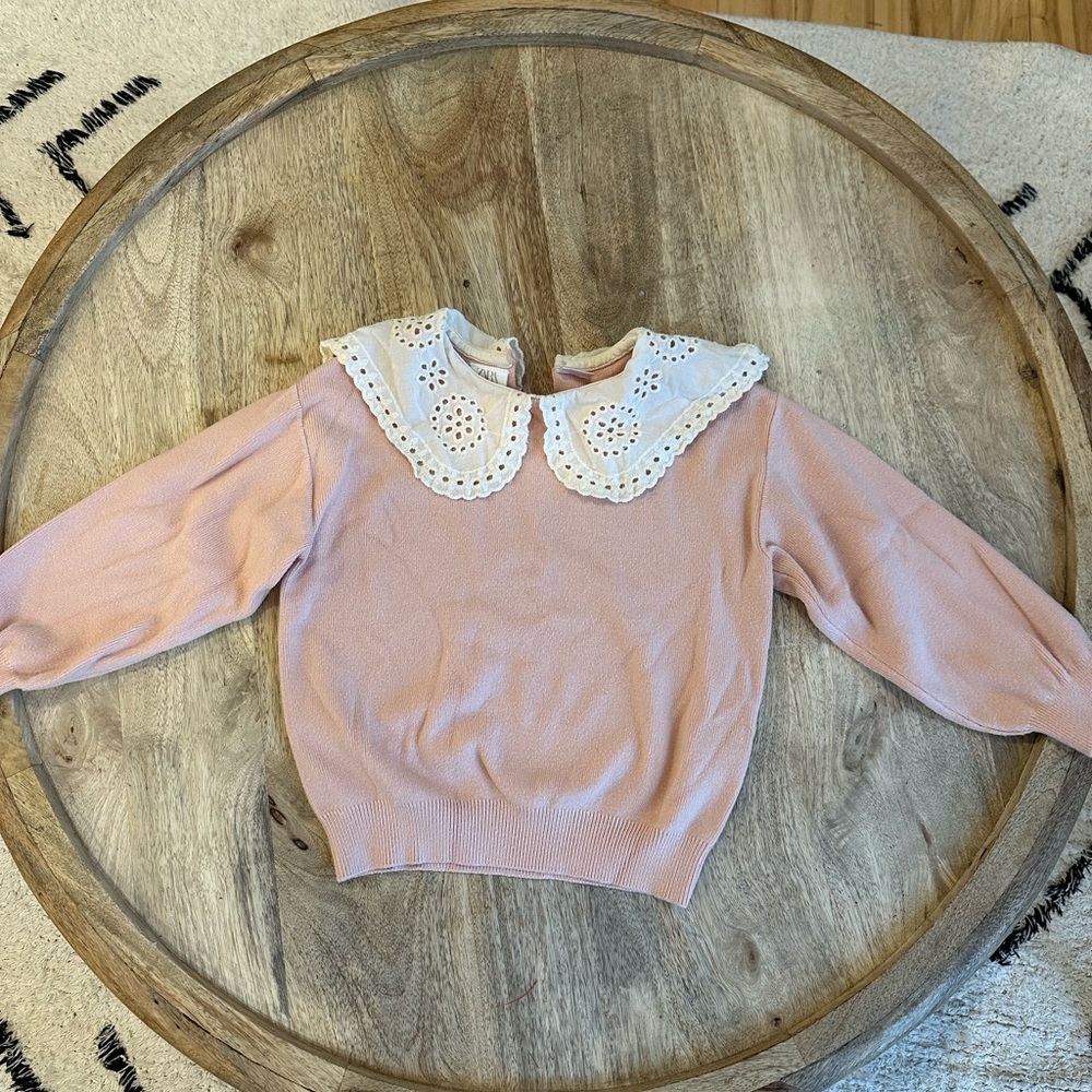 Zara Pink Sweater with White Lace Collar Size 3-4